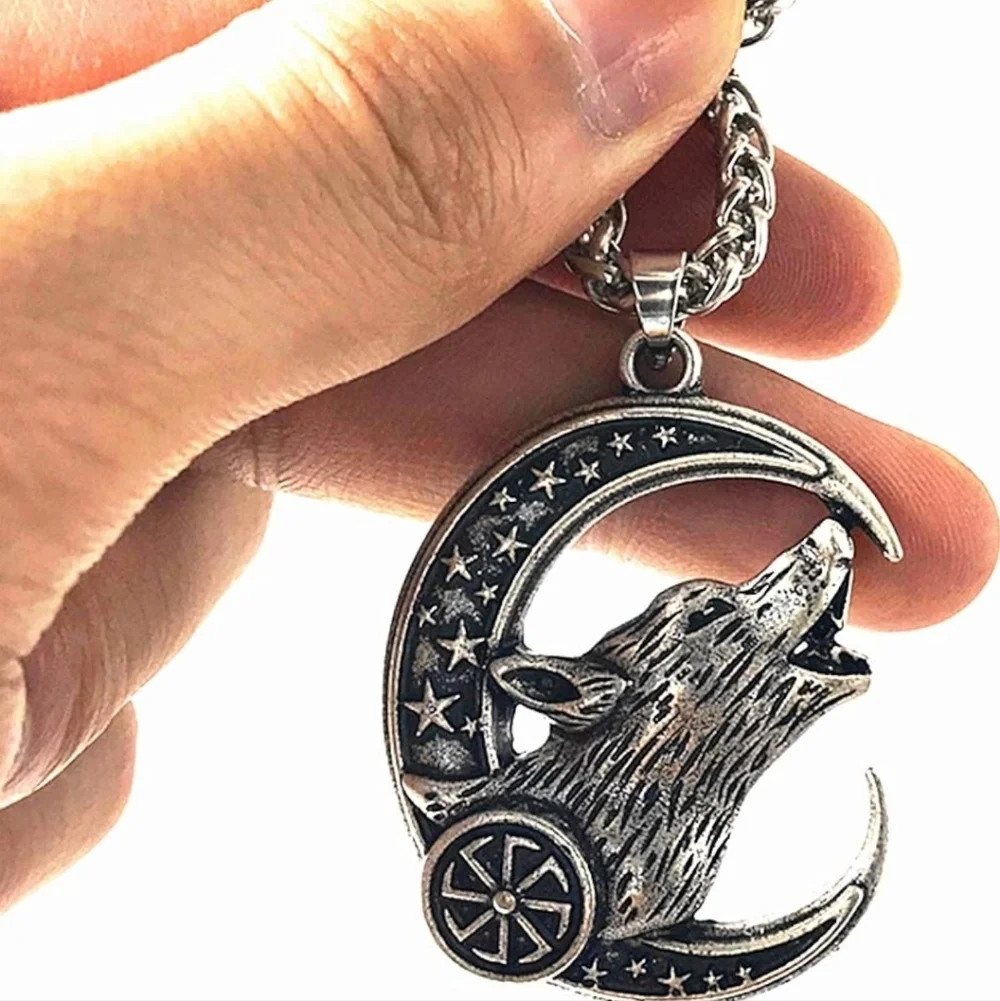 Silver Wolf Moon Pendant Necklace